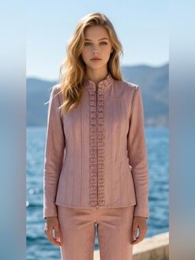 Tailored Leather and Knit Pink Embroidered Stand-Collar Blazer